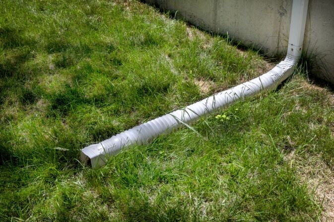 A white downspout extension runs along the grass from a building’s gutter system, directing water away from the foundation.