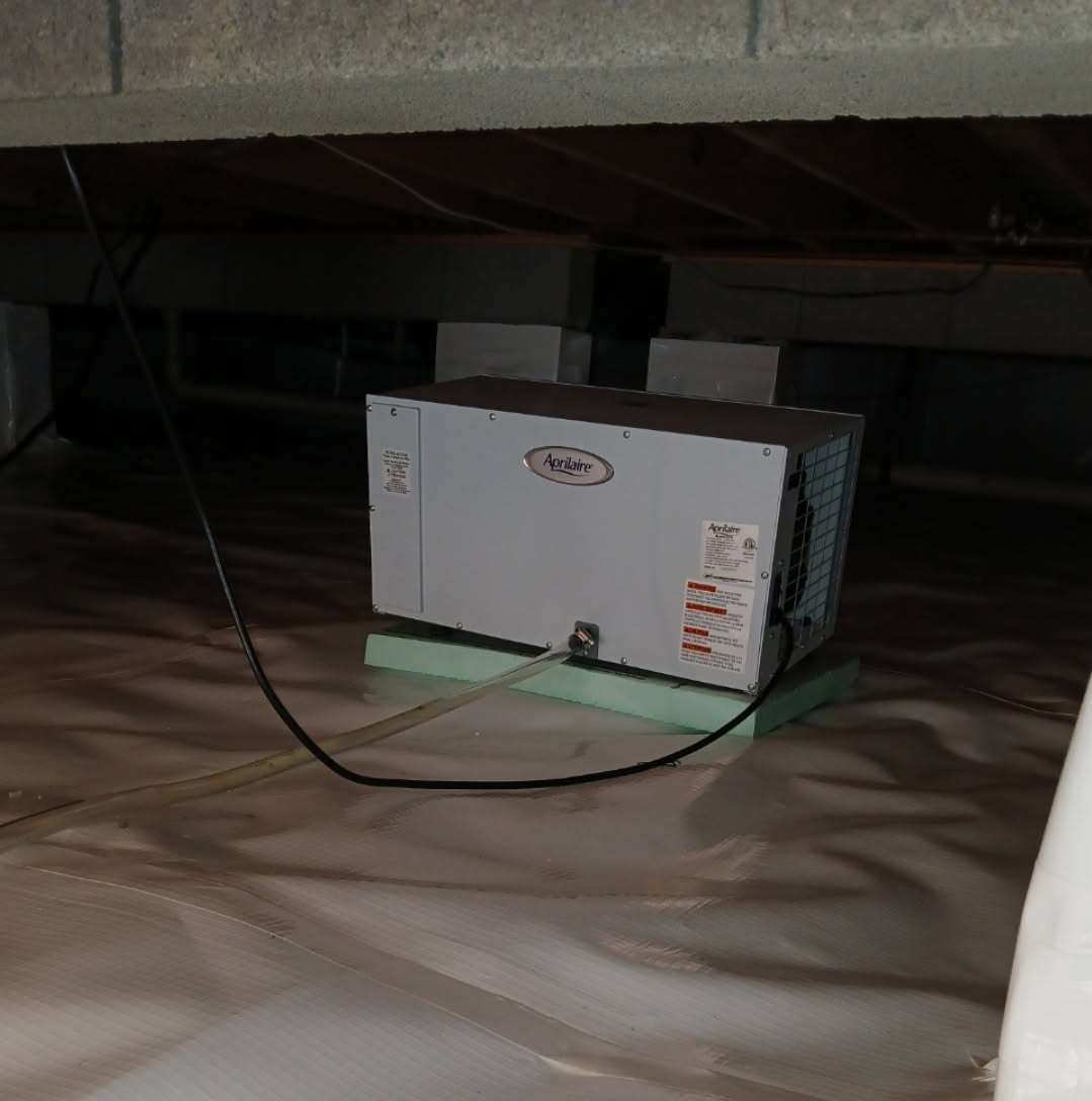 A portable dehumidifier is placed on foam blocks in a sealed crawl space with a plastic vapor barrier covering the floor.