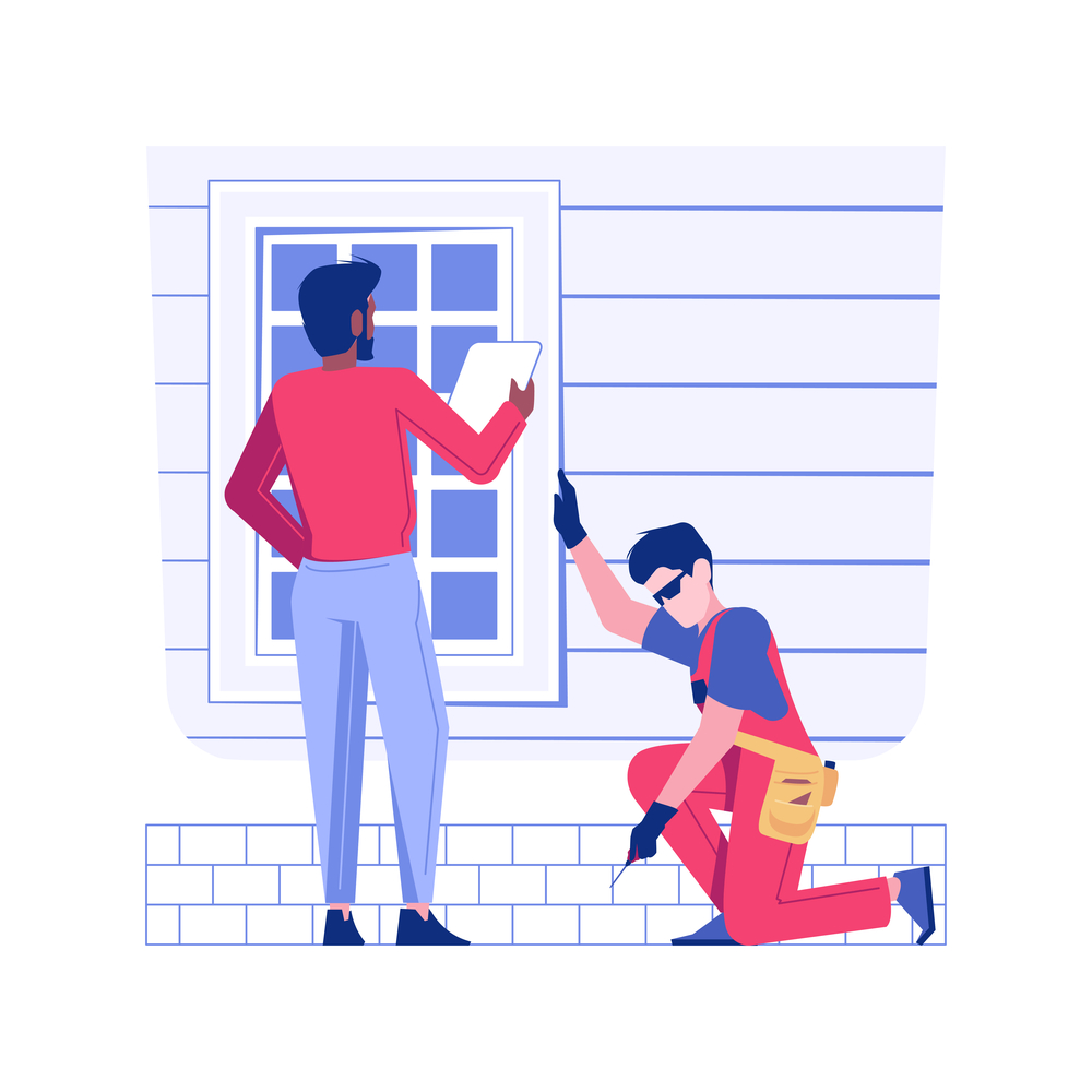 An inspector holding a clipboard stands by a window while a technician in work attire kneels nearby, appearing to repair or inspect the exterior wall.